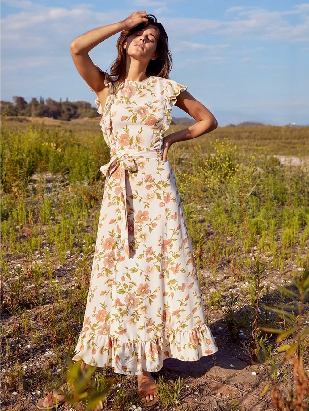 Christy Dawn Quinn Dress in Crepe Floral Size Small Cream Off White Maxi Dress